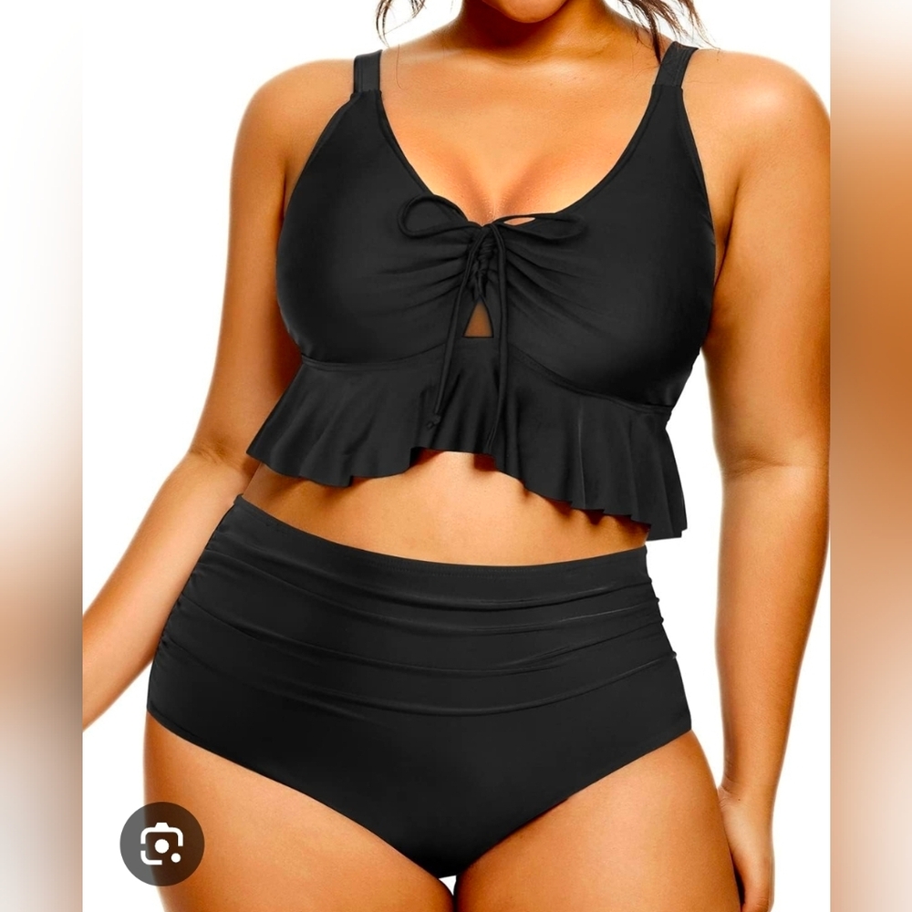Women's 2 Piece Black Swimsuit NEW Ruffles Tie Full Coverage Bottom Sz 20W Beach